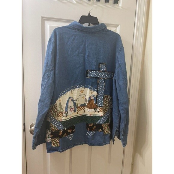 VINTAGE Denim Christmas Shirt Button Up Embroidered patchworks HANDMADE 4xL - Picture 9 of 13